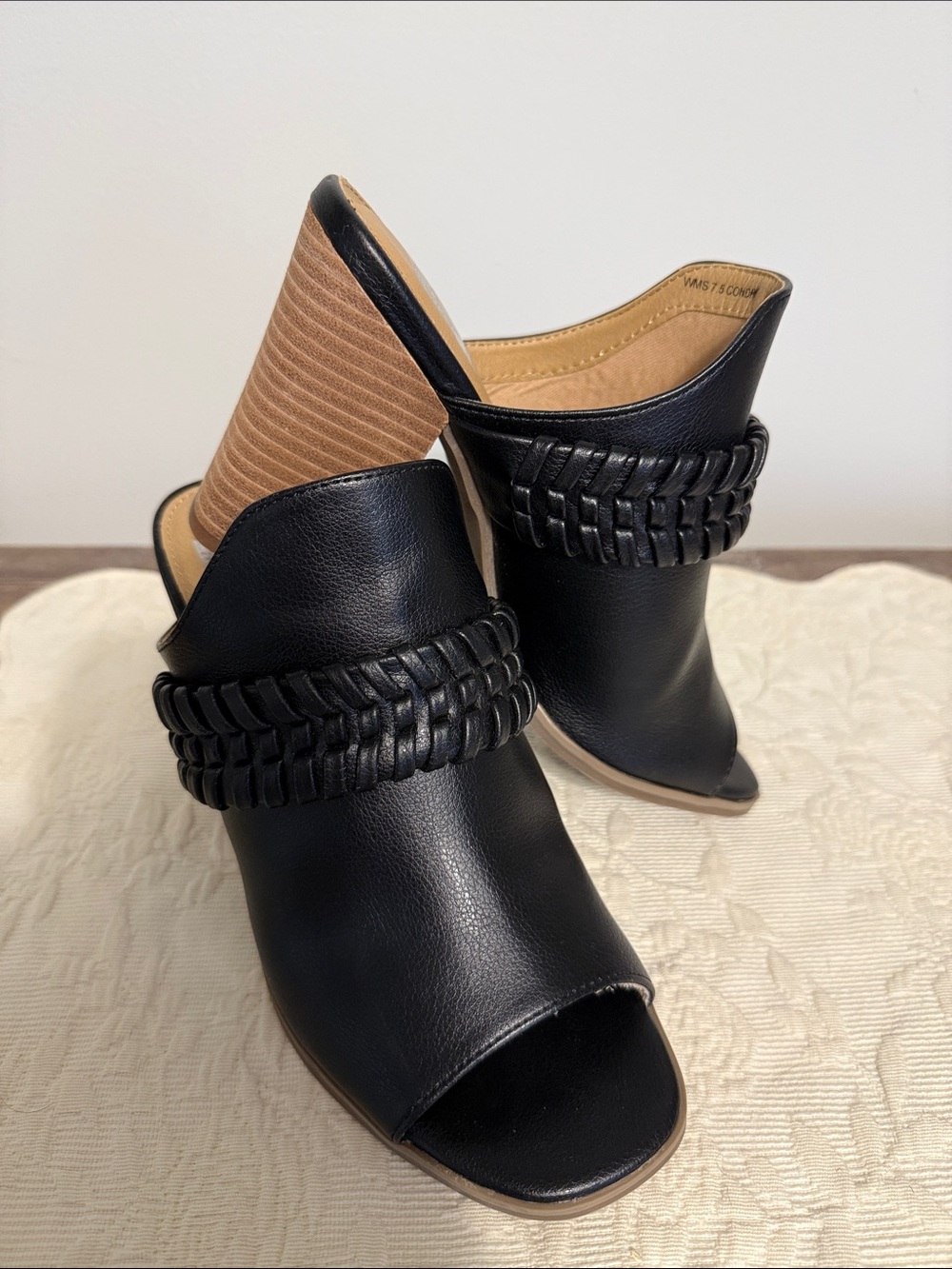 DV by Dolce Vita Black Woven-Band Peep-Toe Mules with Stacked Tan Heel
